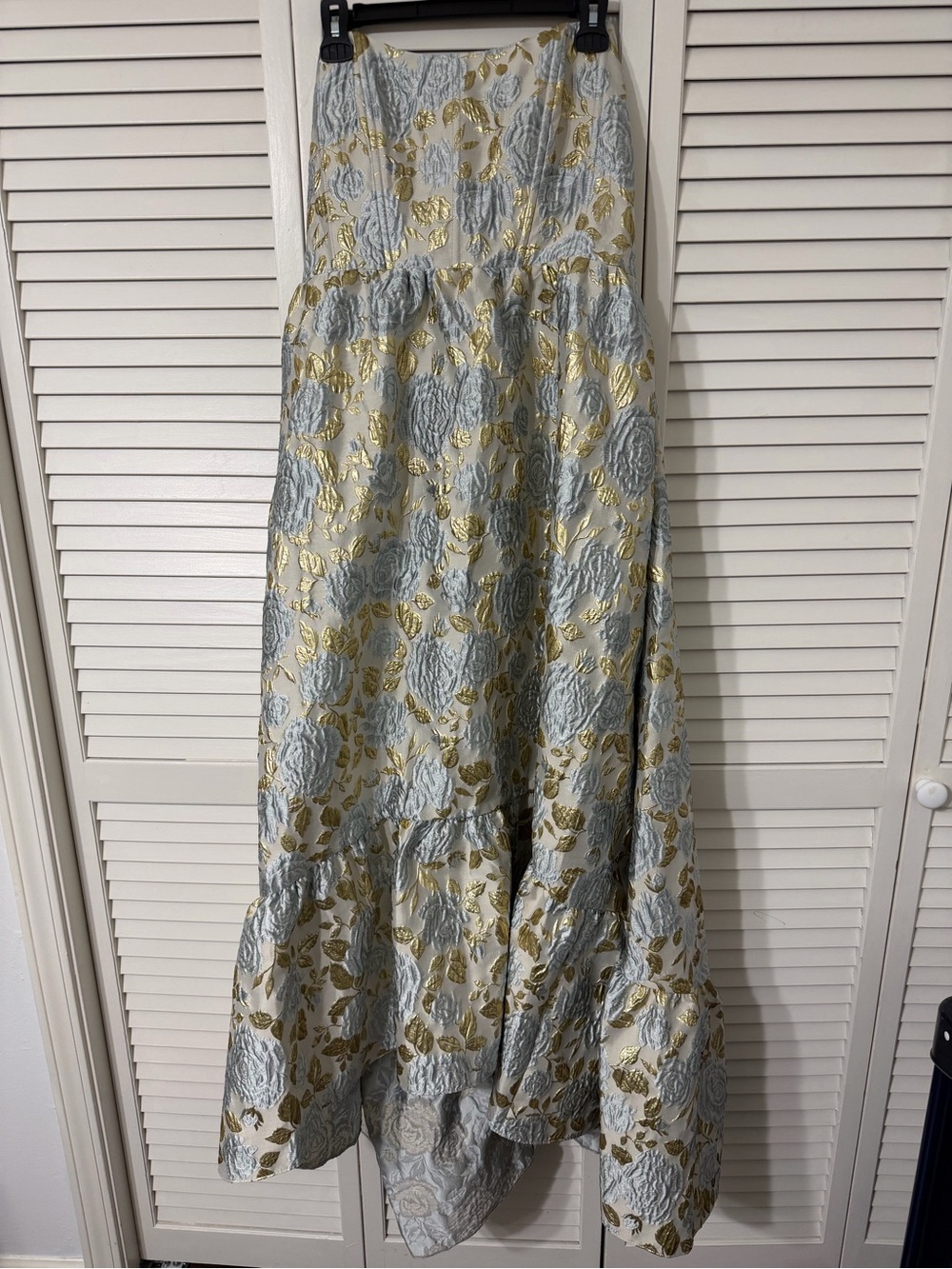 Dessy Collection Winter Blue & Gold Floral Brocade Strapless High-Low dress